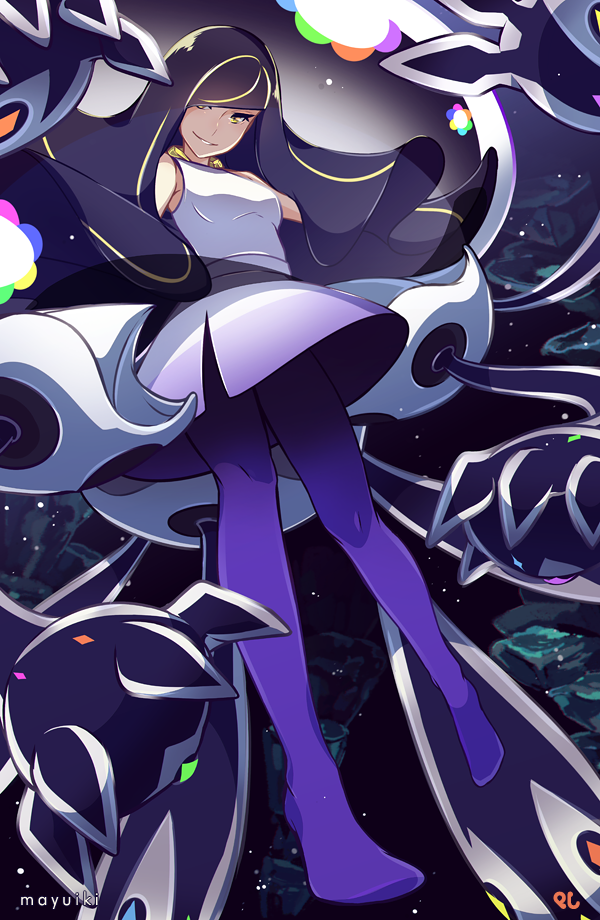 1girl, alternate_form, ebbilin, evil_smile, gen_7_pokemon, jellyfish, looking_at_viewer, lusamine_(pokemon), nihilego, nintendo, pokemon, pokemon_(creature), pokemon_sun_and_moon, purple_hair, smile, spoilers, tentacles, ultra_beast, yellow_eyes