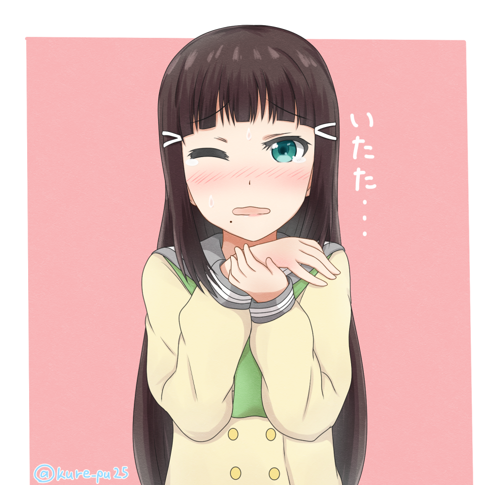 10s, 1girl, artist_name, black_hair, female_focus, green_eyes, kousaka_kure, kurosawa_dia