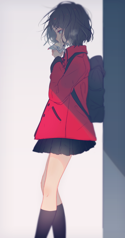 1girl, against_wall, anman, bag, black_hair, black_skirt, black_socks, blue_eyes, blurry, coat, depth_of_field, eating, female_focus, food, from_side, hands_up, kneehighs, long_legs, looking_down, nakaba_(mode), original, pleated_skirt, red_coat, school_bag, shade, short_hair, shoulder_bag, skinny, skirt, socks, solo, standing