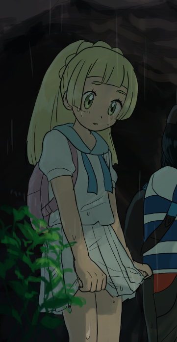 1boy, 1girl, backpack, bad_id, bad_pixiv_id, bag, blonde_hair, capri_pants, doshiko, dress, elio_(pokemon), green_eyes, high_ponytail, lillie_(pokemon), looking_down, nintendo, pants, pokemon, pokemon_sun_and_moon, ponytail, rain, shirt, spoilers, striped_clothes, striped_shirt, wet