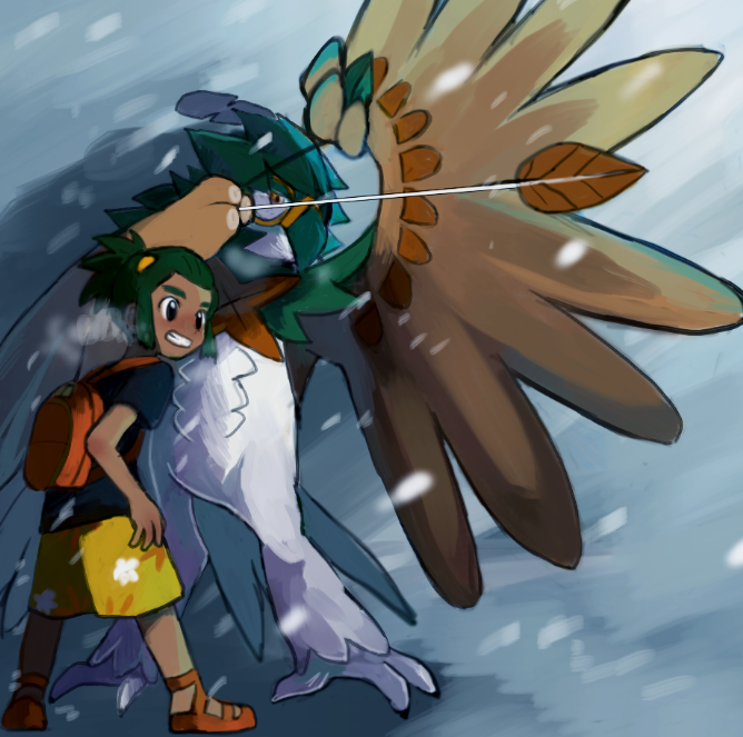 1boy, arrow_(projectile), backpack, bad_id, bad_pixiv_id, bag, bangs_pinned_back, bird