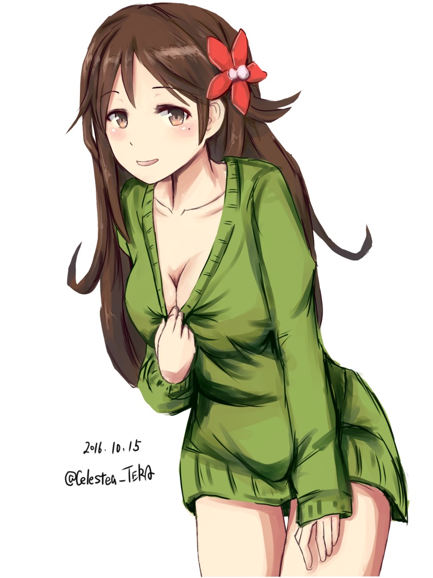10s, 1girl, 2016, alternate_costume, amagi_(kancolle), breasts, brown_eyes, brown_hair, casual, celestea_tera, collarbone, cowboy_shot, dated, dress, female_focus, flower, green_sweater, hair_flower, hair_ornament, highres, kantai_collection, large_breasts, leaning_forward, long_hair, mole, mole_under_eye, open_mouth, ponytail, solo, sweater, sweater_dress, thighs, twitter_username