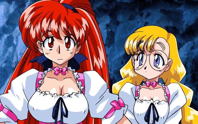 2girls, animated, animated_gif, blonde_hair, blue_eyes, blush, braid, breasts, choker, cleavage, game_cg, glasses, hand_on_head, honjoji_akira, karin_(viper), kimura_takahiro, kiss, large_breasts, long_hair, multiple_girls, ponytail, red_eyes, red_hair, ribbon, small_breasts, smile, surprised, sweatdrop, twin_braids, very_long_hair, viper_(series), viper_gtb, yuri