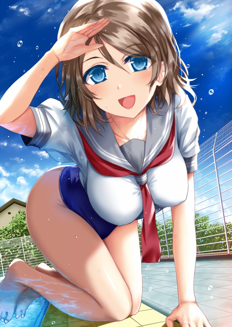10s, 1girl, bad_id, bad_pixiv_id, barefoot, blue_eyes, blue_one-piece_swimsuit, blue_sky