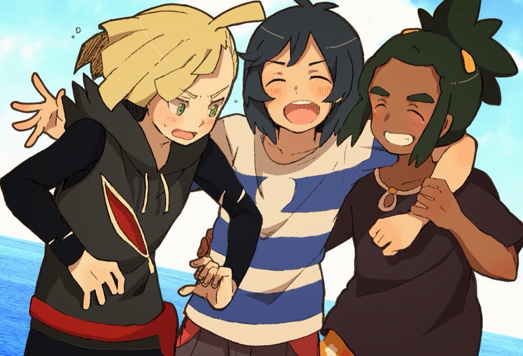 3boys, aoya_(ayoyame18), arm_around_neck, arm_around_shoulder, bangs_pinned_back, black_hair, blonde_hair, blue_sky