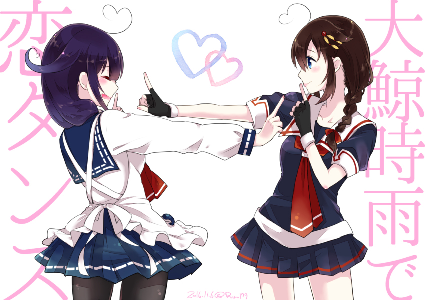 10s, 2girls, ahoge, aikawa_ruru, black_hair, black_serafuku, blue_eyes, closed_eyes