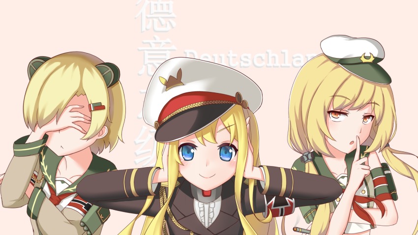 3girls, admiral_scheer_(warship_girls_r), aiguillette, animal_ears, armband, black_jacket, blonde_hair, closed_mouth