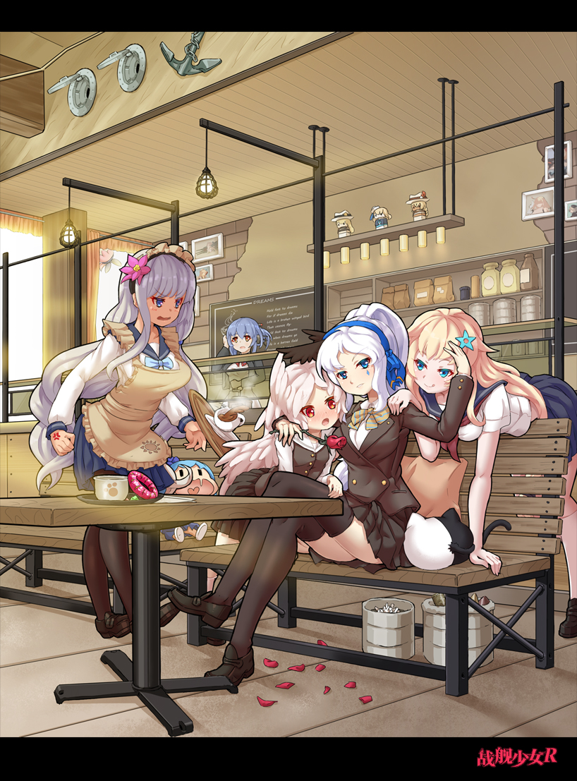 6+girls, anchor, annoyed, apron, arm_around_shoulder, bench, black_footwear, black_legwear