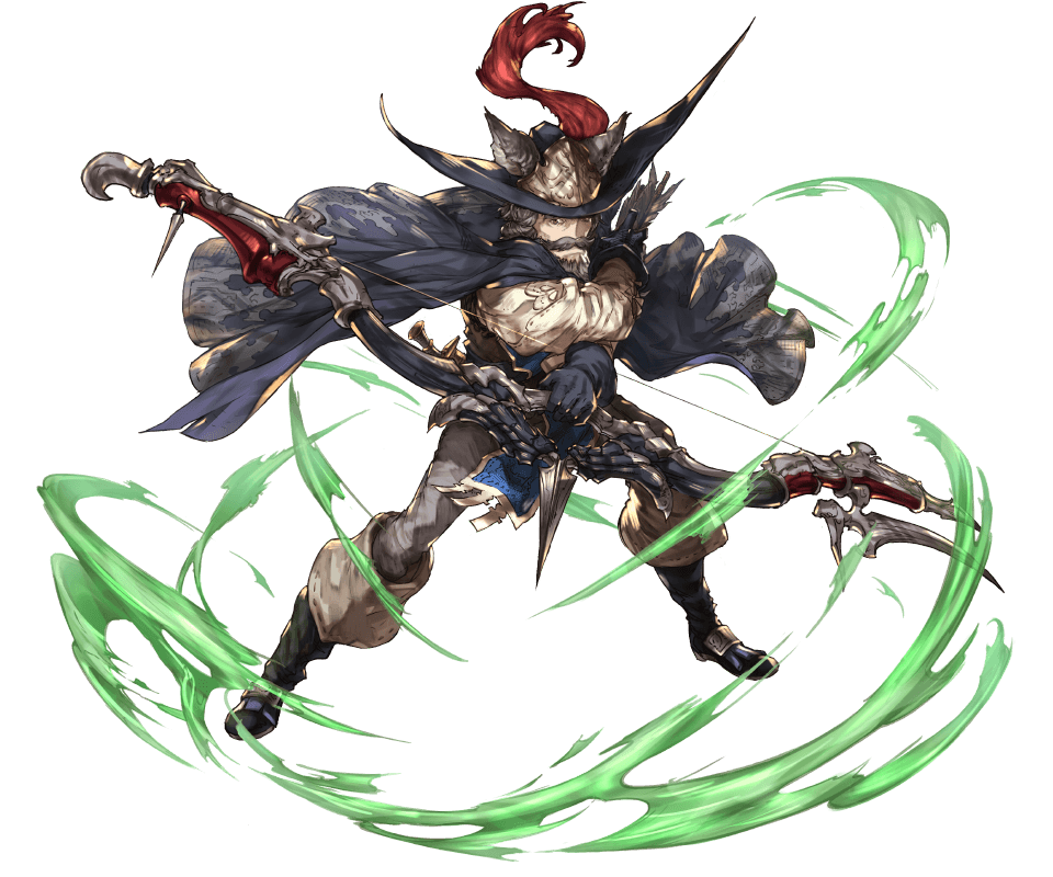 10s, 1boy, animal_ears, arrow_(projectile), beard, boots, bow_(weapon), brown_eyes, capelet, erune, facial_hair, feathers, full_body, gloves, granblue_fantasy, grey_hair, hat, keehar, male_focus, minaba_hideo, mustache, official_art, solo, transparent_background, weapon