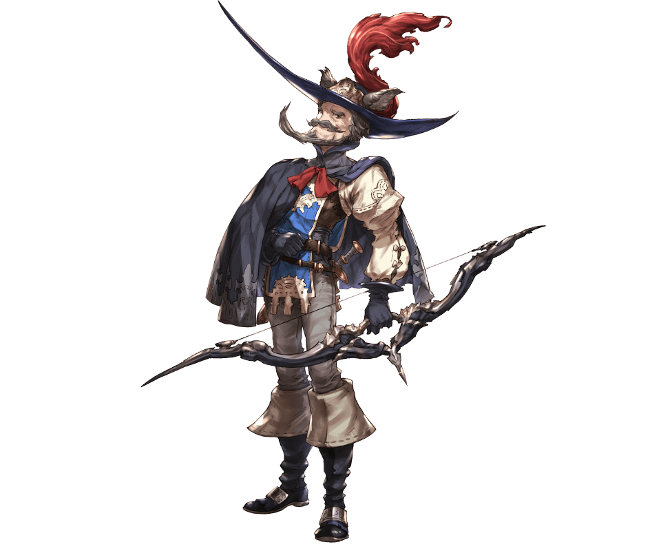 10s, 1boy, animal_ears, beard, boots, bow_(weapon), brown_eyes, capelet, erune, facial_hair, feathers, full_body, gloves, granblue_fantasy, grey_hair, hat, keehar, male_focus, minaba_hideo, mustache, official_art, solo, sword, transparent_background, weapon