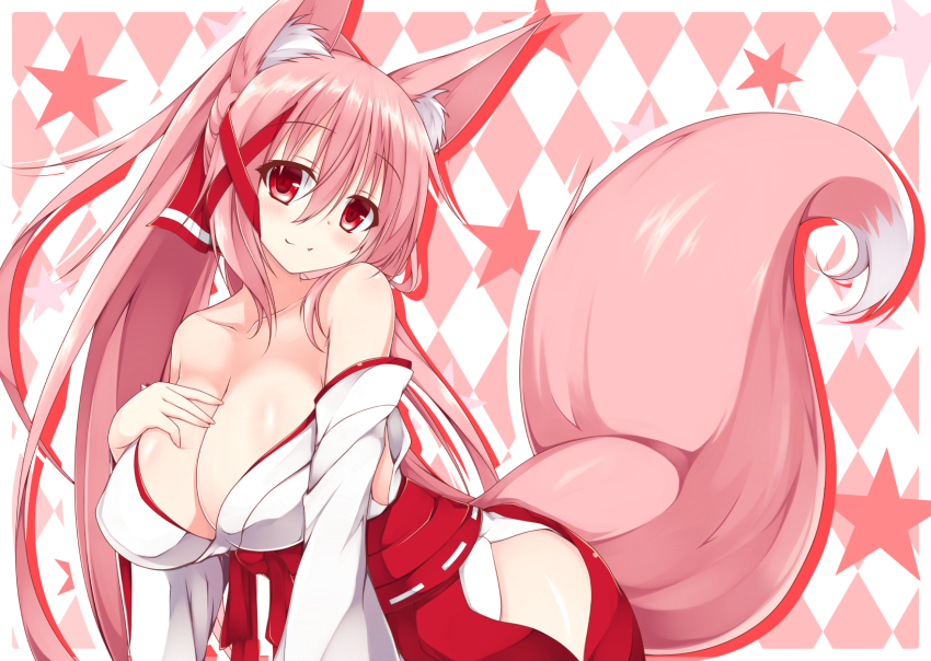 1girl, :3, animal_ears, argyle_background, argyle_clothes, blush, breasts, cleavage