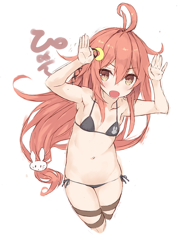 10s, 1girl, ahoge, alternate_costume, arms_up, bikini, bunny_ears_gesture, commentary_request