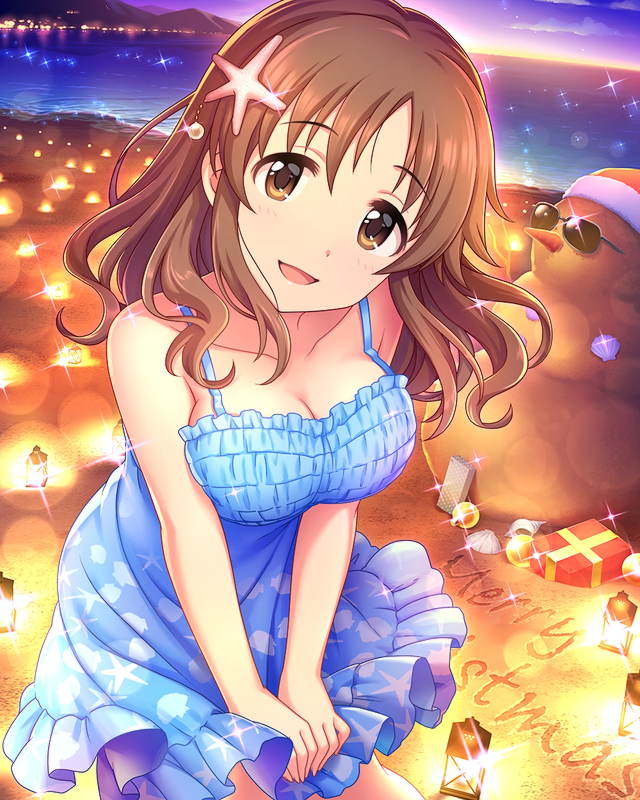 10s, 1girl, annindoufu_(oicon), beach, blush, breasts, brown_eyes, brown_hair