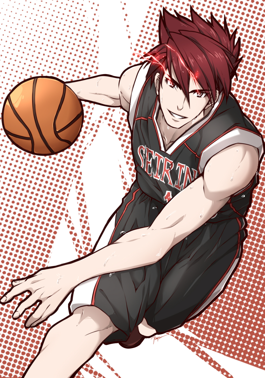10s, 1boy, ball, basketball, basketball_(object), basketball_uniform, biceps, cosplay, glowing, glowing_eyes, halftone, halftone_background, highres, jersey, kagami_taiga, kagami_taiga_(cosplay), kuroko_no_basuke, kuroshinki, look-alike, male_focus, ono_yuuki, ookanehira_(touken_ranbu), red_background, red_eyes, red_hair, running, shorts, signature, smile, solo, sportswear, sweat, touken_ranbu, voice_actor_connection