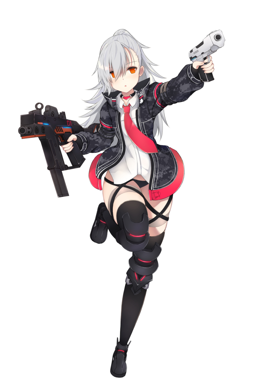 1girl, asymmetrical_bangs, black_panties, black_shoes, black_thighhighs, camouflage, closers, collared_shirt, dress_shirt, female_focus, finger_on_trigger, gun, hair_over_one_eye, handgun, highres, jacket, knee_pads, knee_up, kriss_super_v, kriss_vector, linez, looking_at_viewer, necktie, orange_eyes, panties, parted_lips, pistol, ponytail, red_necktie, shirt, shoes, silver_hair, simple_background, solo, spiked_hair, standing, standing_on_one_leg, submachine_gun, thighhighs, tina_(closers), underwear, weapon, white_background, white_shirt