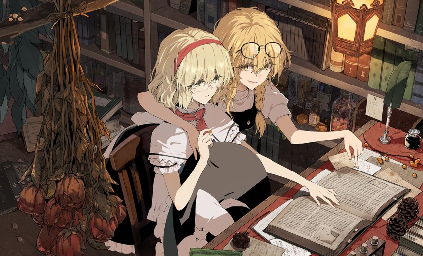 2girls, :d, alice_margatroid, arm_around_neck, bespectacled, black_dress, black_vest, blonde_hair, blue_dress, book, book_stack, bookshelf, bottle, bow, braid, capelet, chair, closed_mouth, commentary_request, dress, dried_flower, eyewear_on_head, female_focus, flower, frilled_dress, frilled_hat, frills, from_above, glasses, hairband, hat, hat_bow, inkwell, jar, kirisame_marisa, lamp, long_hair, looking_at_another, looking_down, looking_to_the_side, minakata_sunao, multiple_girls, mushroom, open_book, open_mouth, pointing, puffy_sleeves, quill, reading, red_hairband, red_ribbon, ribbon, short_hair, side_braid, single_braid, sitting, smile, touhou, vest, white_bow, witch_hat, yellow_eyes, yuri