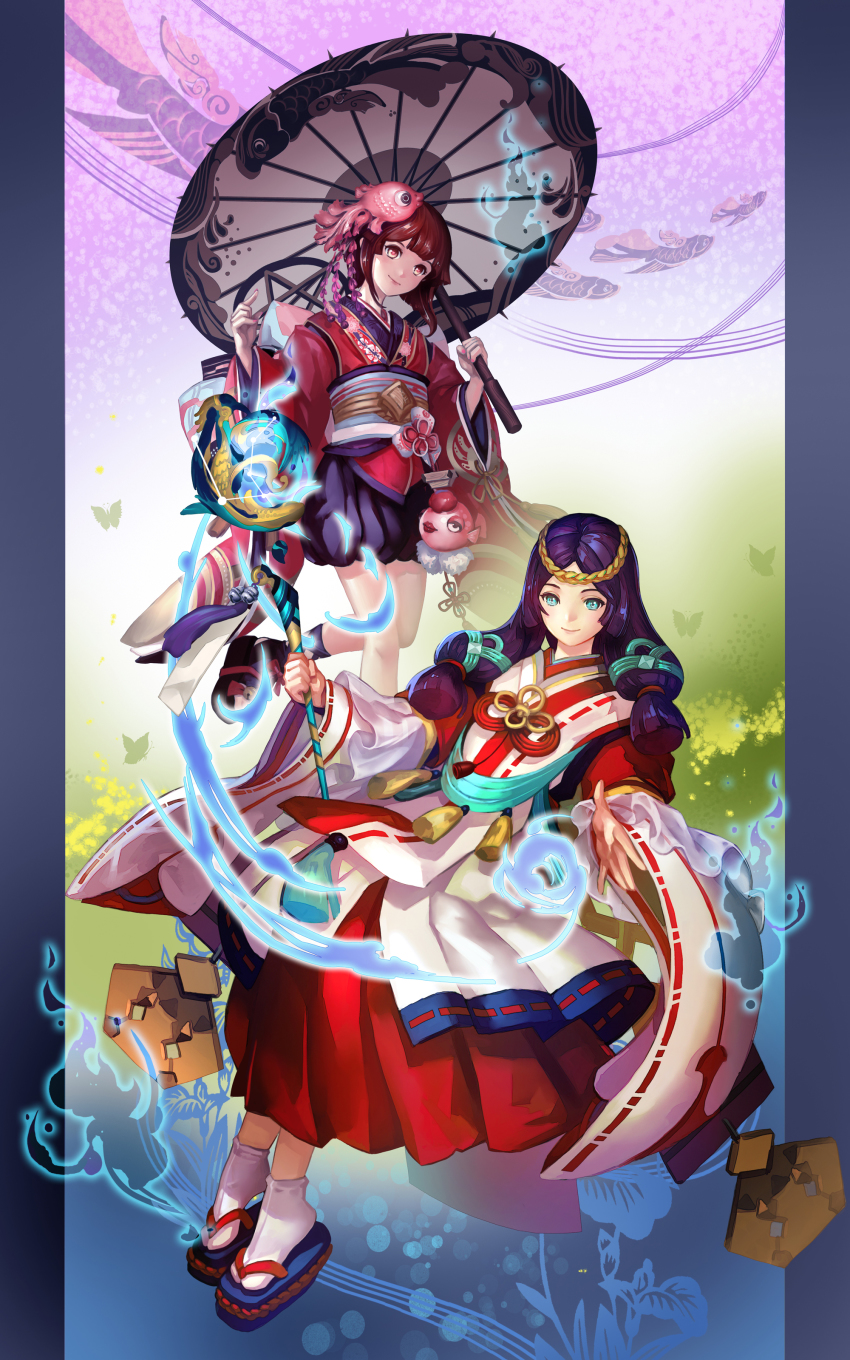 2girls, absurdres, bell, blue_eyes, brown_hair, bug, butterfly, closed_mouth