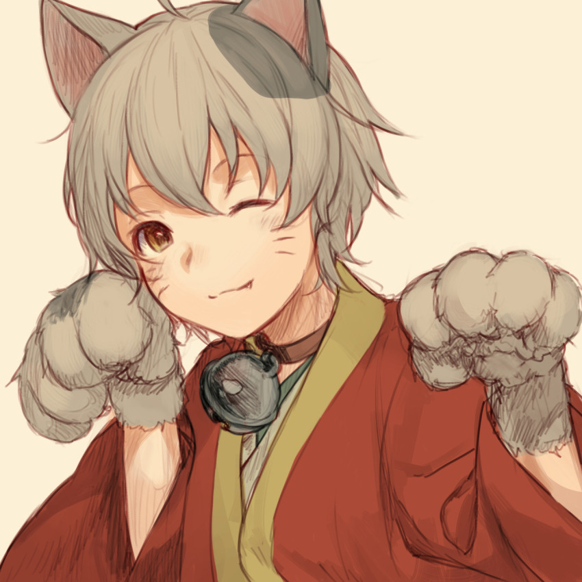 10s, 1boy, ;), alternate_costume, animal_ears, animal_hands, bell, brown_eyes, cat_boy, cat_ears, cat_paws, collar, facial_mark, fang, grey_hair, highres, idolmaster, idolmaster_side-m, japanese_clothes, kemonomimi_mode, kimono, looking_at_viewer, male_focus, neck_bell, nekokitsune0905, nekoyanagi_kirio, one_eye_closed, paw_pose, simple_background, smile, solo, whisker_markings