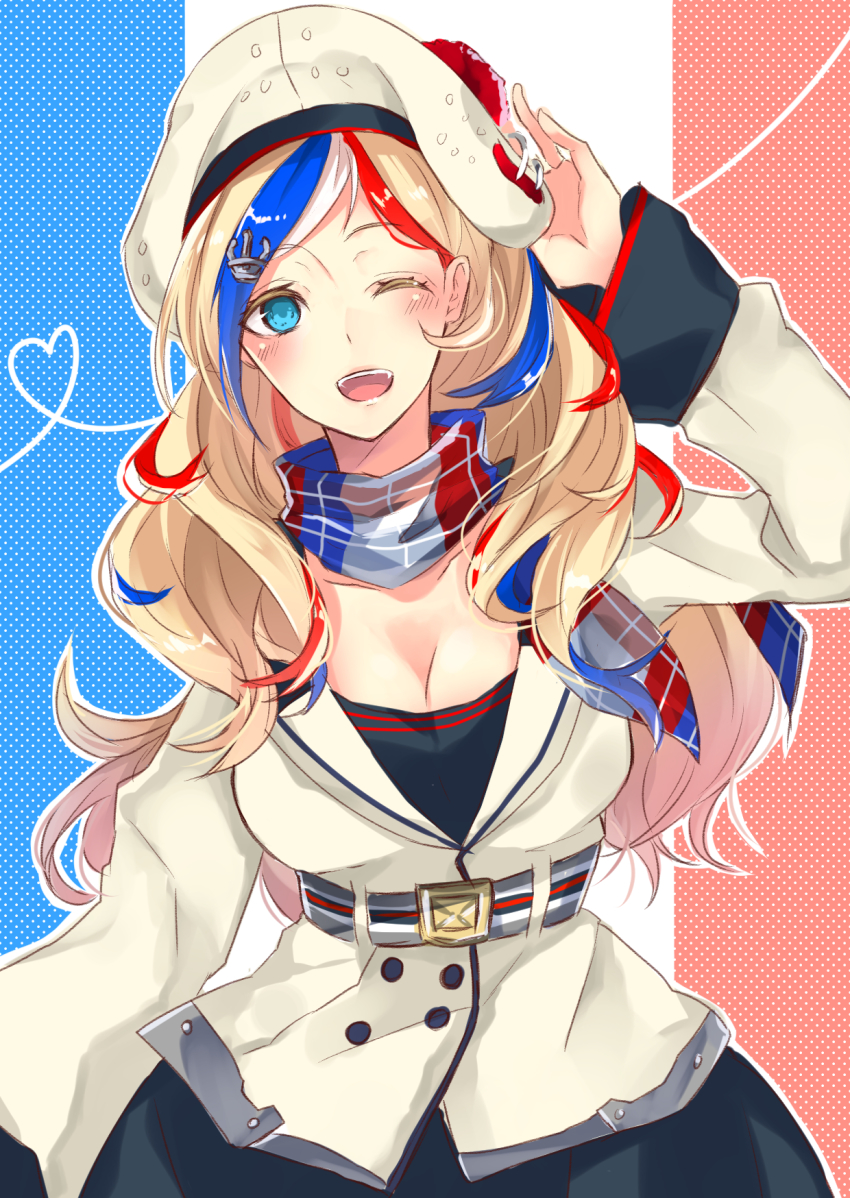 10s, 1girl, belt, beret, blonde_hair, blue_eyes, blue_hair, buttons