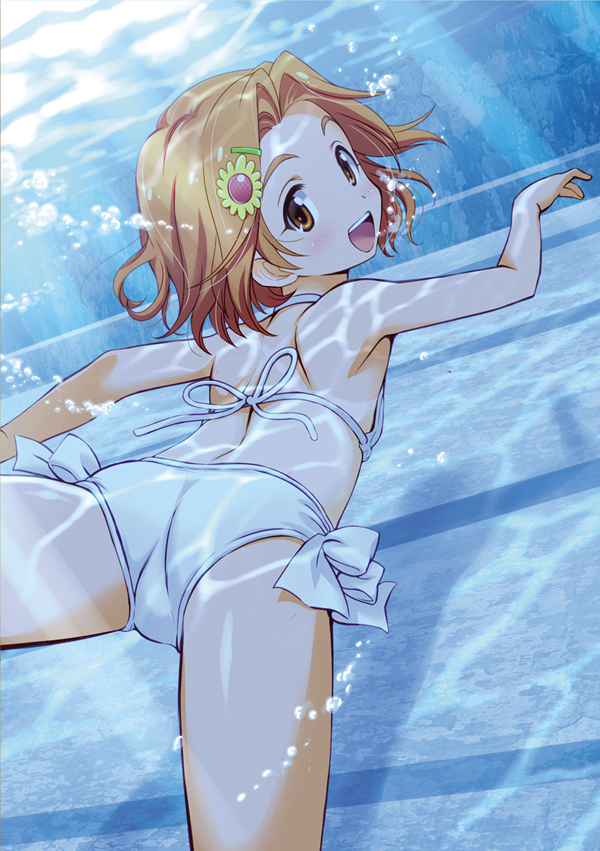 10s, 1girl, air_bubble, ass, bikini, blush, breath, brown_eyes