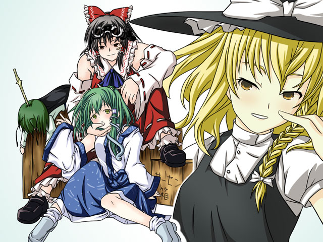 4girls, antennae, black_hair, blonde_hair, blush, bow, braid, brown_hair, cape, crossover, detached_sleeves, eisen-hyouka, frills, frog, goggles, green_hair, hair_bow, hair_ornament, hakurei_reimu, hat, hat_bow, japanese_clothes, kagesaki-ice, kirisame_marisa, kochiya_sanae, miko, multiple_girls, mushiuta, parody, snake, sword, touhou, weapon, witch, witch_hat, wriggle_nightbug, yellow_eyes