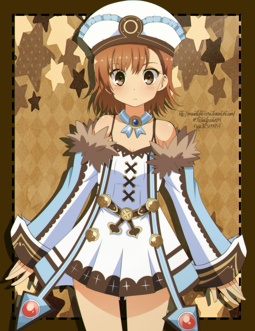 1girl, absurdres, bad_id, bad_pixiv_id, bare_shoulders, blanc_(neptunia), blanc_(neptunia)_(cosplay), blush, breasts, brown_eyes, brown_hair, caro-xy, choker, cosplay, female_focus, fur_trim, hat, highres, looking_at_viewer, misaka_mikoto, neptune_(series), short_hair, solo, toaru_kagaku_no_railgun, toaru_majutsu_no_index