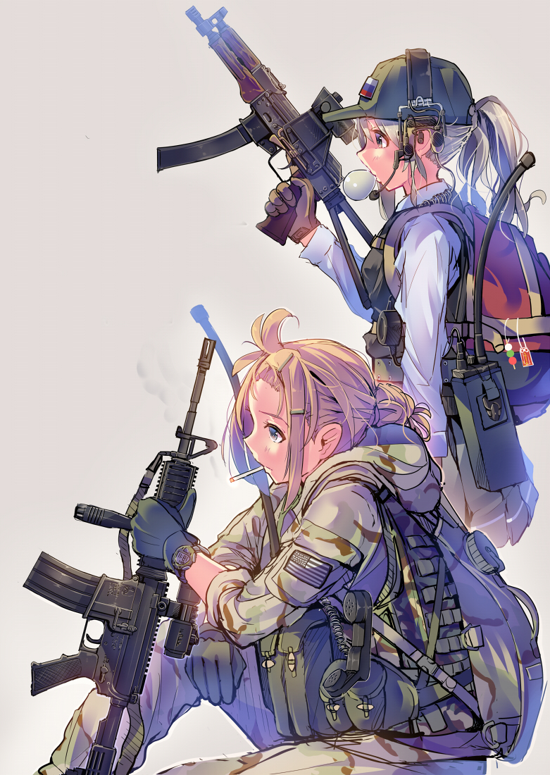 2girls, assault_rifle, blonde_hair, blowing_bubble_gum, blowing_bubbles, blue_eyes, brown_eyes, bubble