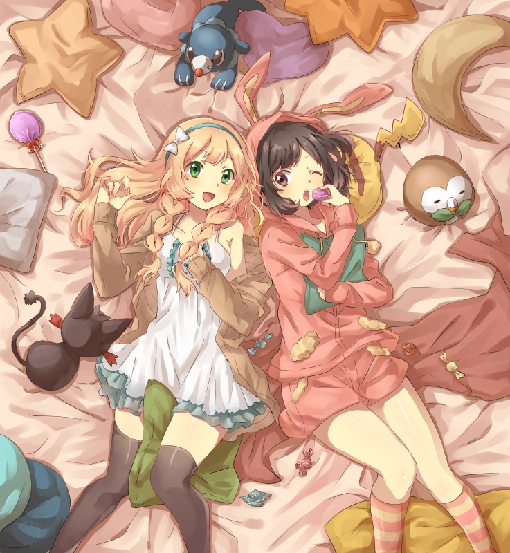 2girls, :d, ;o, alternate_costume, animal_hood, bad_id, bad_pixiv_id, black_eyes