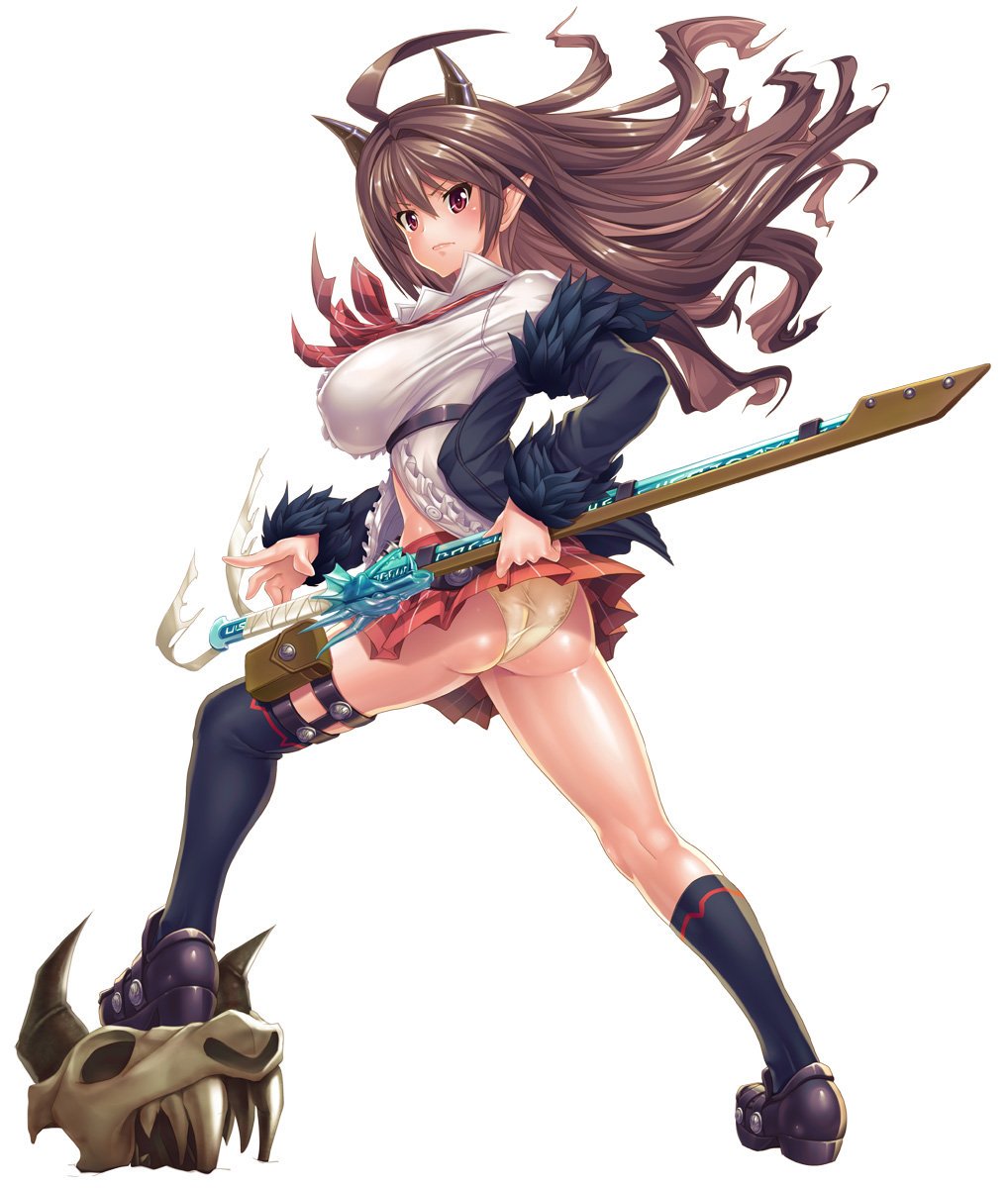 00s, 1girl, asahi, ass, bare_legs, breasts, female_focus, highres, horns, large_breasts, legs, lilith-soft, long_hair, looking_at_viewer, looking_back, no_bra, panties, pantyshot, rina_(taimanin_asagi), shiny_skin, shoes, skirt, skull, solo, sword, taimanin_(series), taimanin_asagi, taimanin_asagi_kessen_arena, underwear, weapon, wind
