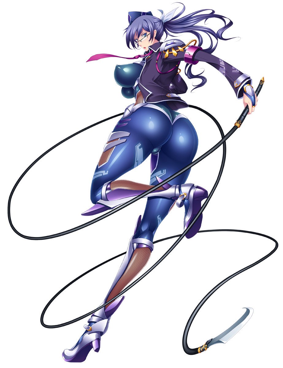 1girl, :o, aiguillette, armlet, armor, armored_boots, ass, black-framed_eyewear, blue_bodysuit, blue_eyes, blue_hair, blue_hat, bodysuit, boots, breastplate, breasts, bridal_gauntlets, covered_erect_nipples, epaulettes, faulds, female_focus, fishnets, floating_hair, from_side, full_body, garrison_cap, glasses, hair_ribbon, hasuma_reiko, hat, high_heel_boots, high_heels, high_ponytail, highres, holding, holding_weapon, holding_whip, impossible_bodysuit, impossible_clothes, jacket, jewelry, knee_boots, kneepits, large_breasts, leg_lift, legs_apart, lilith-soft, long_hair, long_sleeves, looking_at_viewer, looking_back, matching_hair/eyes, military, military_uniform, necktie, official_art, open_clothes, open_jacket, open_mouth, outstretched_arm, over-rim_eyewear, pauldrons, perky_breasts, ponytail, purple_necktie, rectangular_eyewear, ribbon, semi-rimless_eyewear, shiny_skin, shoulder_armor, simple_background, skin_tight, solo, standing, standing_on_one_leg, taimanin_(series), taimanin_asagi_kessen_arena, tana_(garyuh-chitai), thighhighs, tiptoes, weapon, whip, white_background, white_ribbon, wrist_guards