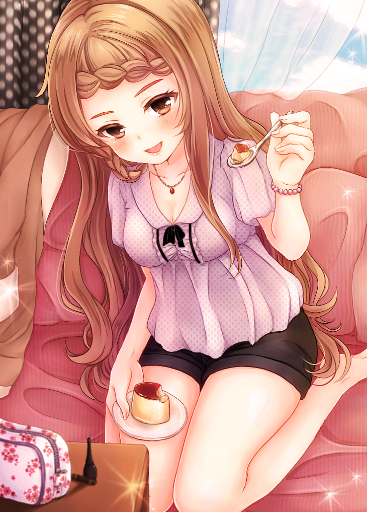 1girl, :d, bare_legs, barefoot, bead_bracelet, beads, black_shorts, blouse