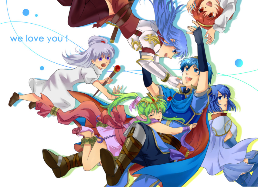 1boy, 5girls, armor, bare_legs, blue_hair, caeda_(fire_emblem), cape, catria_(fire_emblem)