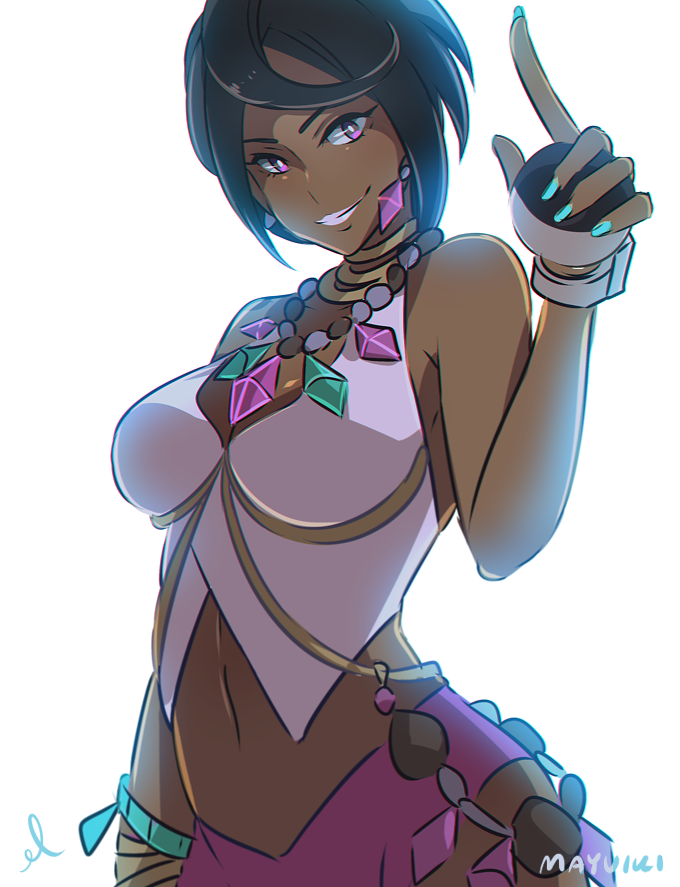 1girl, aqua_nails, artist_name, bare_shoulders, black_hair, bloom, breasts, bright_pupils, cleavage, closed_mouth, collarbone, dark-skinned_female, dark_skin, diamond_(shape), earrings, ebbilin, elite_four, female_focus, fingernails, gem, holding, holding_poke_ball, island_kahuna, jewelry, large_breasts, long_fingernails, looking_at_viewer, midriff, nail_polish, navel, neck_ring, necklace, nintendo, olivia_(pokemon), pink_lips, pink_shirt, poke_ball, pokemon, pokemon_sun_and_moon, purple_eyes, purple_shorts, shirt, short_hair, short_shorts, shorts, simple_background, smile, solo, stomach, tank_top, ultra_ball, white_background