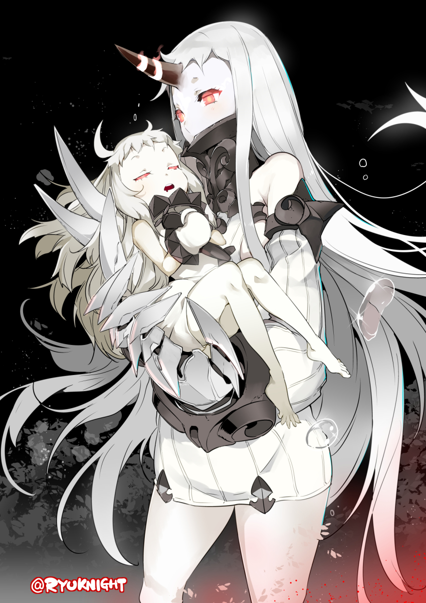 10s, 2girls, abyssal_ship, ahoge, aircraft, airplane, bare_legs, barefoot