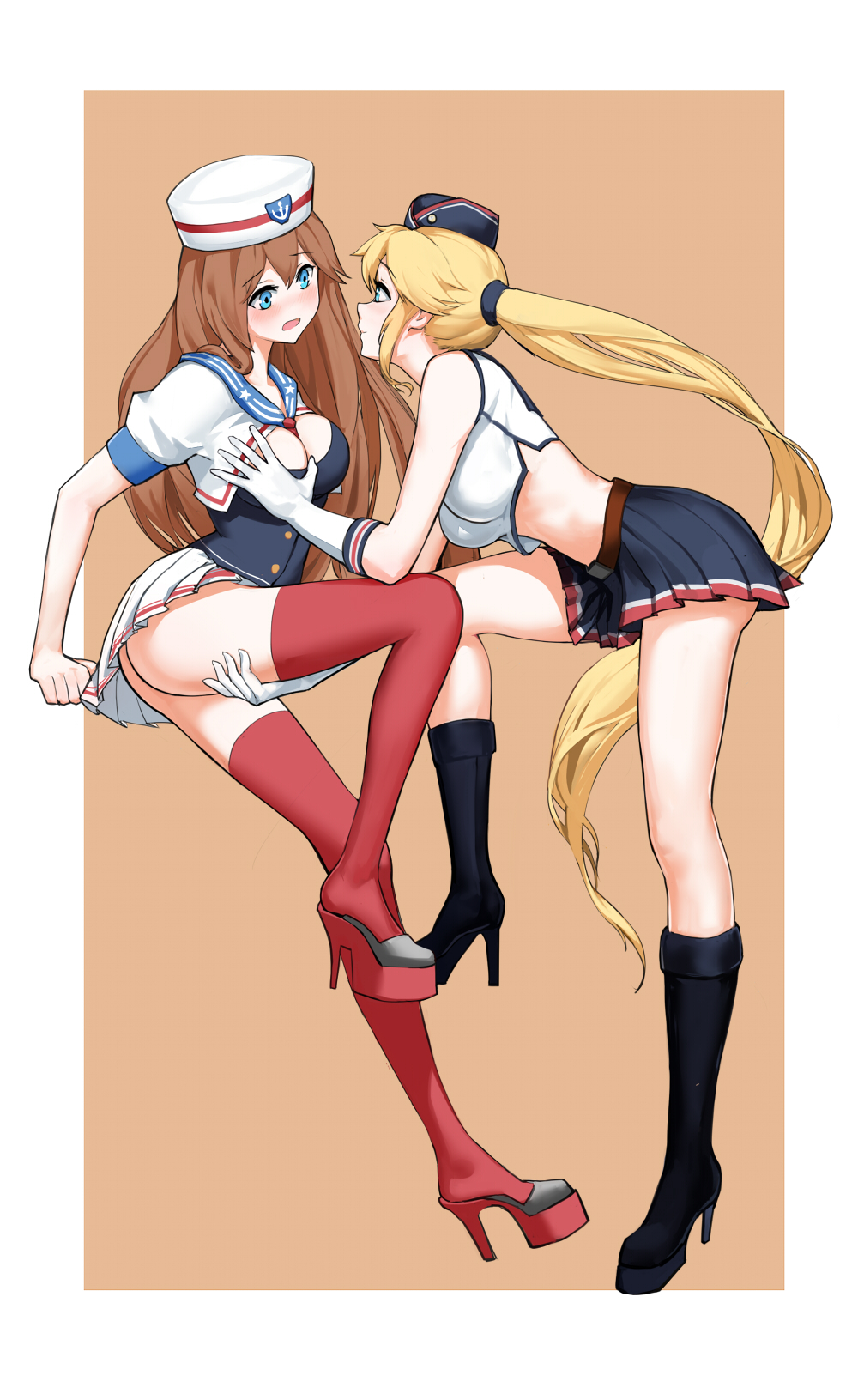 2girls, belt, black_footwear, blonde_hair, blue_eyes, blue_hat, blue_skirt, boots