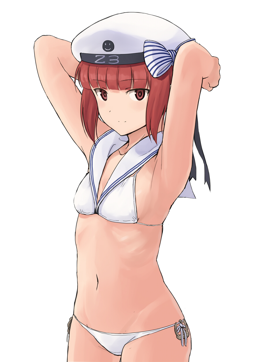 10s, 1girl, bikini, breasts, brown_eyes, brown_hair, clothes_writing, cowboy_shot, female_focus, fuyube_gin_(huyube), hat, highres, kantai_collection, light_smile, lowleg, lowleg_bikini, matching_hair/eyes, official_style, sailor_bikini, sailor_collar, sailor_hat, short_hair, simple_background, small_breasts, solo, standing, swimsuit, white_background, white_bikini, white_hat, z3_max_schultz_(kancolle), z3_max_schultz_(swimsuit)_(kancolle)