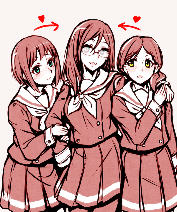 10s, 3girls, blush, commentary_request, female_focus, girl_sandwich, glasses, green_eyes