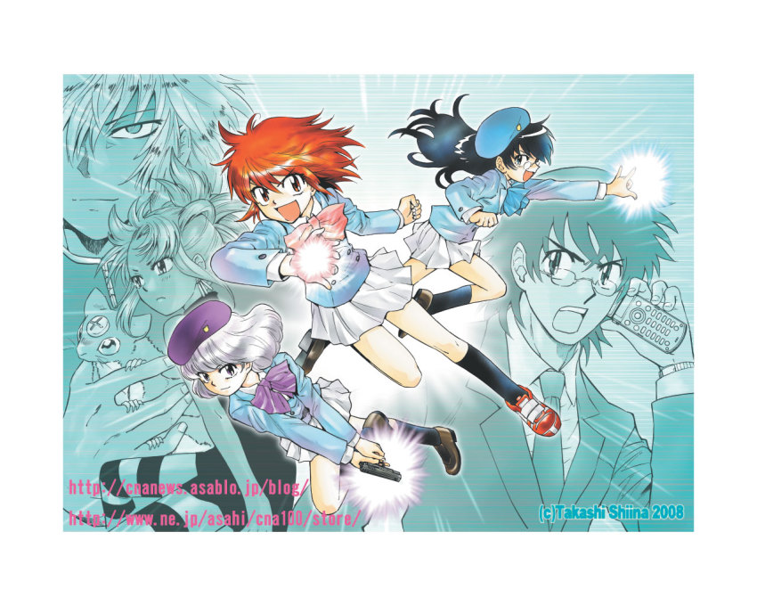 00s, 2boys, 4girls, :d, akashi_kaoru, angry, beret, black_hair