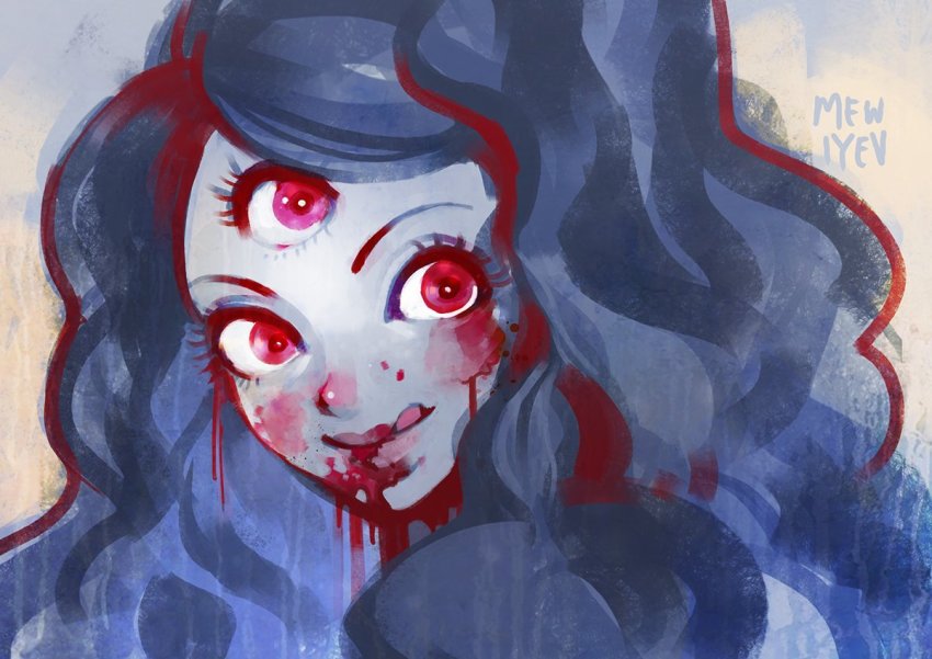 1girl, artist_name, blood, blood_on_face, charlotte_pudding, female_focus, licking_lips, limited_palette, long_hair, looking_at_viewer, mewiyev, one_piece, portrait, smile, solo, spoilers, third_eye, tongue, tongue_out