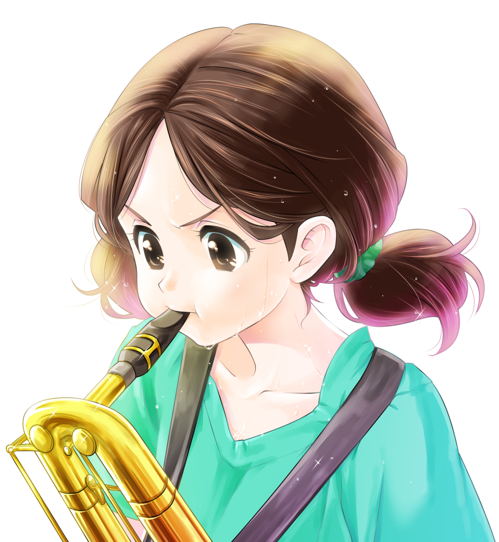 10s, 1girl, baritone_saxophone, blouse, brown_eyes, brown_hair, female_focus, frown
