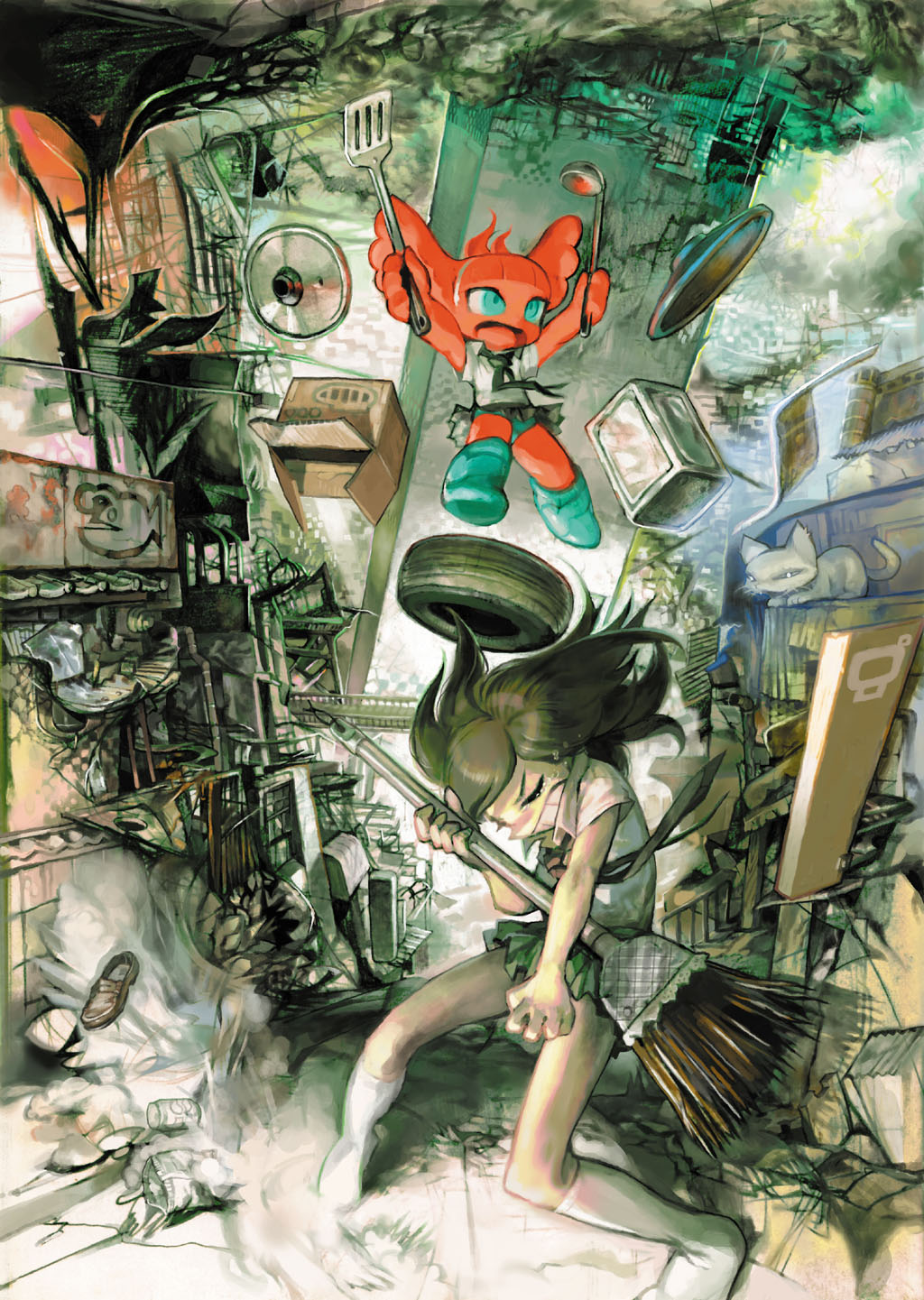 air_guitar, broom, brown_hair, cat, colored_skin, closed_eyes, highres, junk