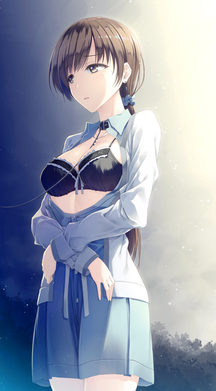 10s, 1girl, bad_id, bad_pixiv_id, black_bra, bra, breasts, brown_eyes, brown_hair, collar, exhibitionism, female_focus, idolmaster, idolmaster_cinderella_girls, kine-c, leash, long_hair, looking_away, matching_hair/eyes, nitta_minami, open_clothes, ponytail, public_indecency, skirt, solo, underwear