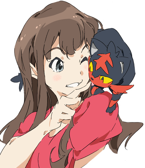 10s, 1girl, animal, animal_on_shoulder, blush, brown_hair, crossover, gen_7_pokemon