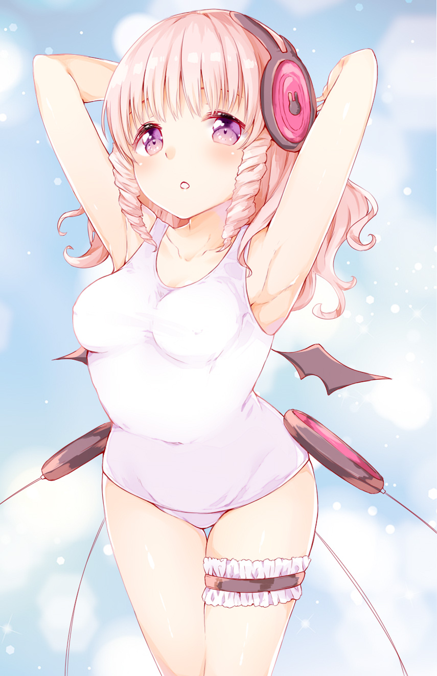 10s, 1girl, armpits, arms_up, azuki_(krps-hano), blush, breasts, cleavage