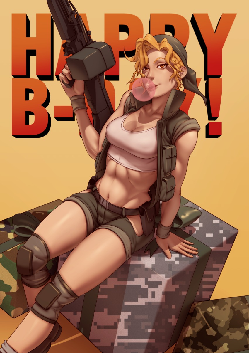 1girl, bandana, blonde_hair, blowing_bubbles, box, breasts, brown_eyes, camouflage, chewing_gum, cleavage, clothing_cutout, female_focus, gift, gift_box, gun, happy_birthday, heavy_machine_gun, highres, hip_vent, john_doe_(jdart), kasamoto_eri, knee_pads, lips, load_bearing_vest, machine_gun, metal_slug, military, nose, short_shorts, shorts, sleeveless, small_breasts, solo, toned, unmoving_pattern, vest, weapon, wristband