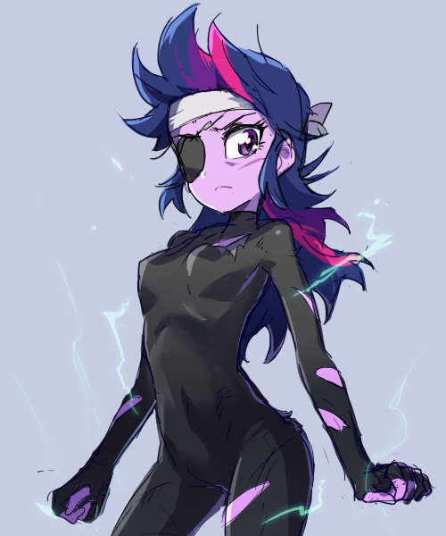 1girl, baekgup, blue_hair, bodysuit, colored_skin, electricity, eyepatch, female_focus, headband, lightning, multicolored_hair, my_little_pony, my_little_pony:_equestria_girls, my_little_pony:_friendship_is_magic, personification, purple_eyes, purple_hair, purple_skin, scar, solo, streaked_hair, torn_clothes, twilight_sparkle
