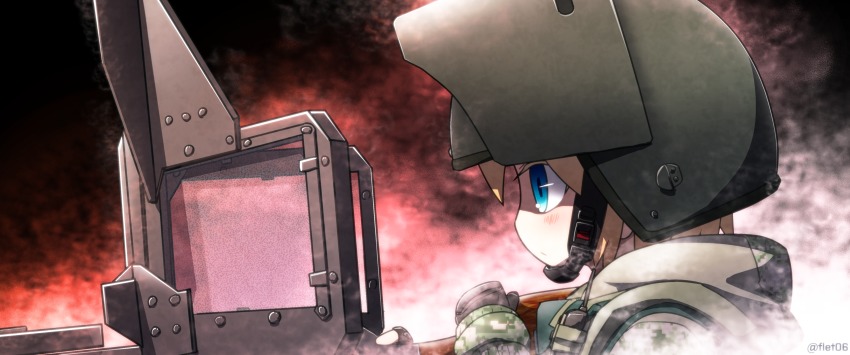 1girl, absurdres, ballistic_face_mask, ballistic_face_shield, ballistic_helmet, blonde_hair, blue_eyes, epiphone_(flet06), female_focus, genderswap, genderswap_(mtf), gloves, gun, helmet, highres, machine_gun, maska, rainbow_six_siege, russian_flag, solo, tachanka, twitter_username, visor, visor_(armor), weapon