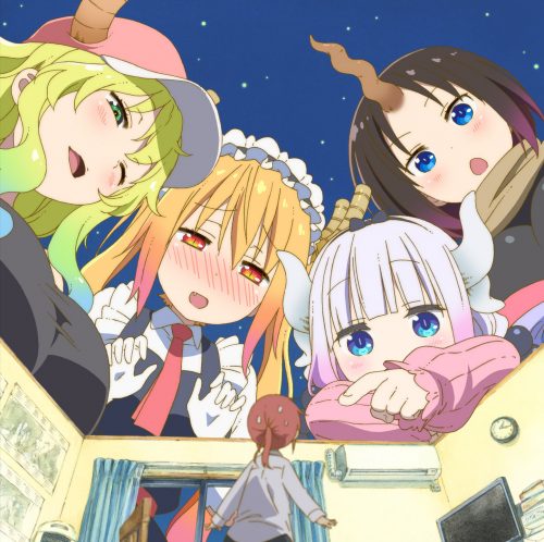10s, 5girls, :d, :o, album_cover, black_bow, blonde_hair, blue_eyes, blush, bow, breasts, brown_hair, clock, cover, d;, dragon_girl, elma_(maidragon), fang, giant, giantess, gloves, gradient_hair, green_eyes, hair_bow, hat, horns, kadowaki_miku, kanna_kamui, kobayashi-san_chi_no_maidragon, kobayashi_(maidragon), large_breasts, looking_down, looking_up, lowres, lucoa_(maidragon), maid, maid_headdress, mini_person, minigirl, multicolored_hair, multiple_girls, necktie, night, official_art, one_eye_closed, open_mouth, pink_sweater, pointing, red_hair, red_neckwear, room, scarf, single_horn, size_difference, sky, slit_pupils, smile, star_(sky), sweatdrop, sweater, television, tohru_(maidragon), white_hair, window, yellow_eyes