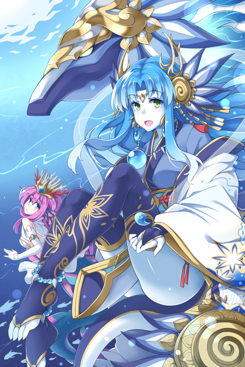 2girls, anklet, barefoot, blue_eyes, blue_hair, blush, circlet, claws, colored_skin, coral, detached_sleeves, dragon, dragon_girl, fins, fish, flan_(zhd91), green_eyes, hair_ornament, head_fins, headdress, highres, horns, japanese_clothes, jewelry, long_hair, looking_at_viewer, looking_back, magatama, mermaid, monster_girl, multiple_girls, necklace, open_mouth, purple_hair, puzzle_&amp;_dragons, siren_(p&amp;d), sumire_(p&amp;d), tail, thighhighs, tiara, toeless_legwear, toes, underwear, wadatsumi_dragon_(p&amp;d), white_skin