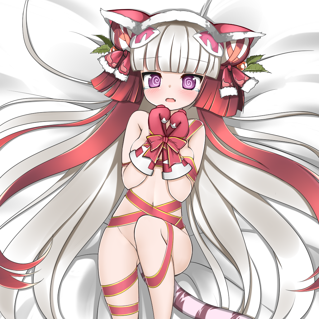 1girl, @_@, alternate_color, animal_hood, bdsm, blush, bondage, bound